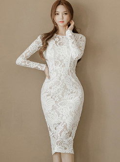 Crew Neck Long Sleeve Lace Bodycon Midi Dress