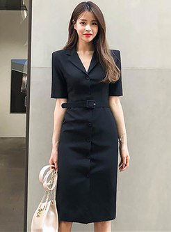 Notched Collar Belted Work Blazer Dress