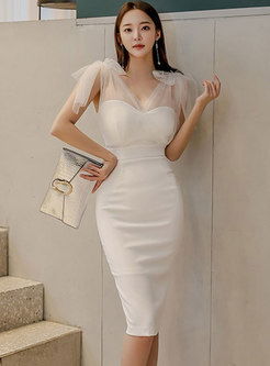 Mesh Patchwork White Slit Bodycon Dress