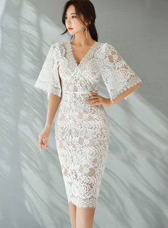 V-neck Shawl Sleeve Openwork Lace Sheath Dress