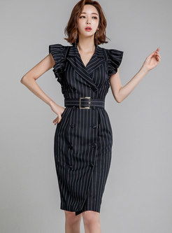 Work Notched Collar Striped Belted Dress