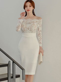 Off-the-shoulder Long Sleeve Lace Midi Dress