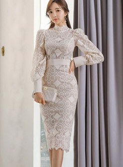 Mock Neck Puff Sleeve Lace Bodycon Dress