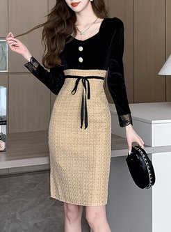 Classy Tweed Patch Bow Bodycon Dresses