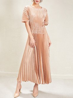 Glossy Elastic Waist Pleated Maxi Dresses