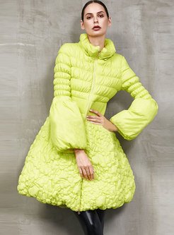 Lantern Sleeve Pleated Mid-length Puffer Coat