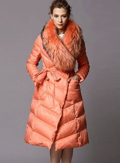 Faux Fur Collar Knee-length Wrap Puffer Coat