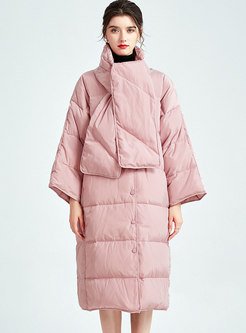 Mock Neck Plus Size Long Puffer Coat With Scarf