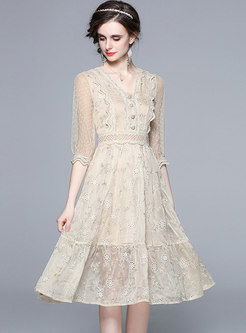 V-neck Polka Dot Embroidered Lace A Line Dress