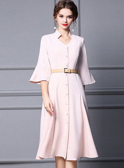 V-neck Flare Sleeve Belted Midi Cocktail Dress