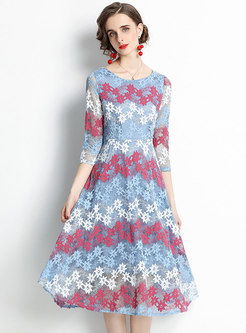 Embroidered Lace Three Quarters Sleeve Star Dress