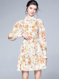 Cute Turtleneck Long Sleeve Print Short Dress