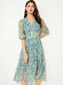 V-neck Print Silk A Line Midi Dress