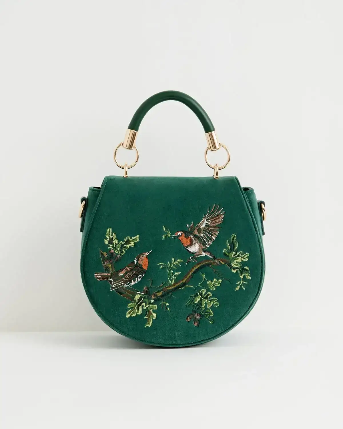 Image of Robin Love Velvet Embroidered Saddle Bag - Fern Green