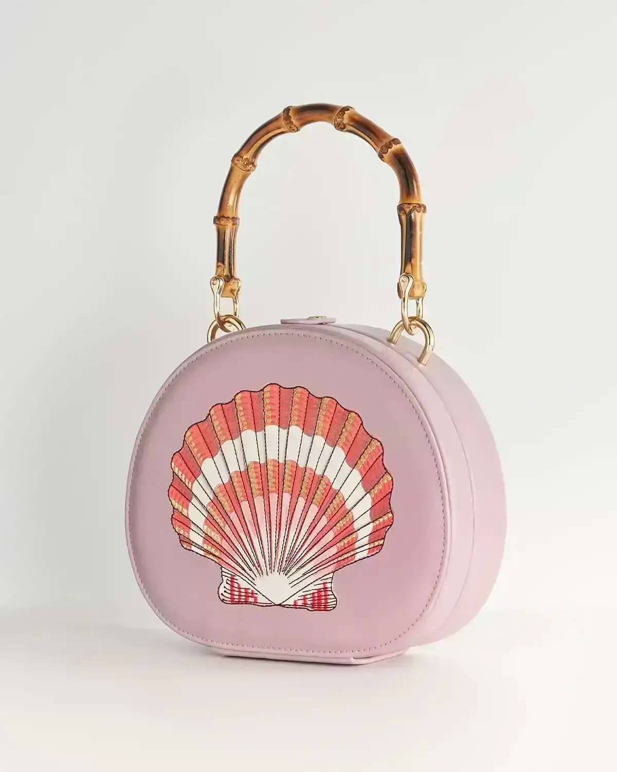 Image of Embroiderd Shell Lilac Bamboo Top Handle Bag