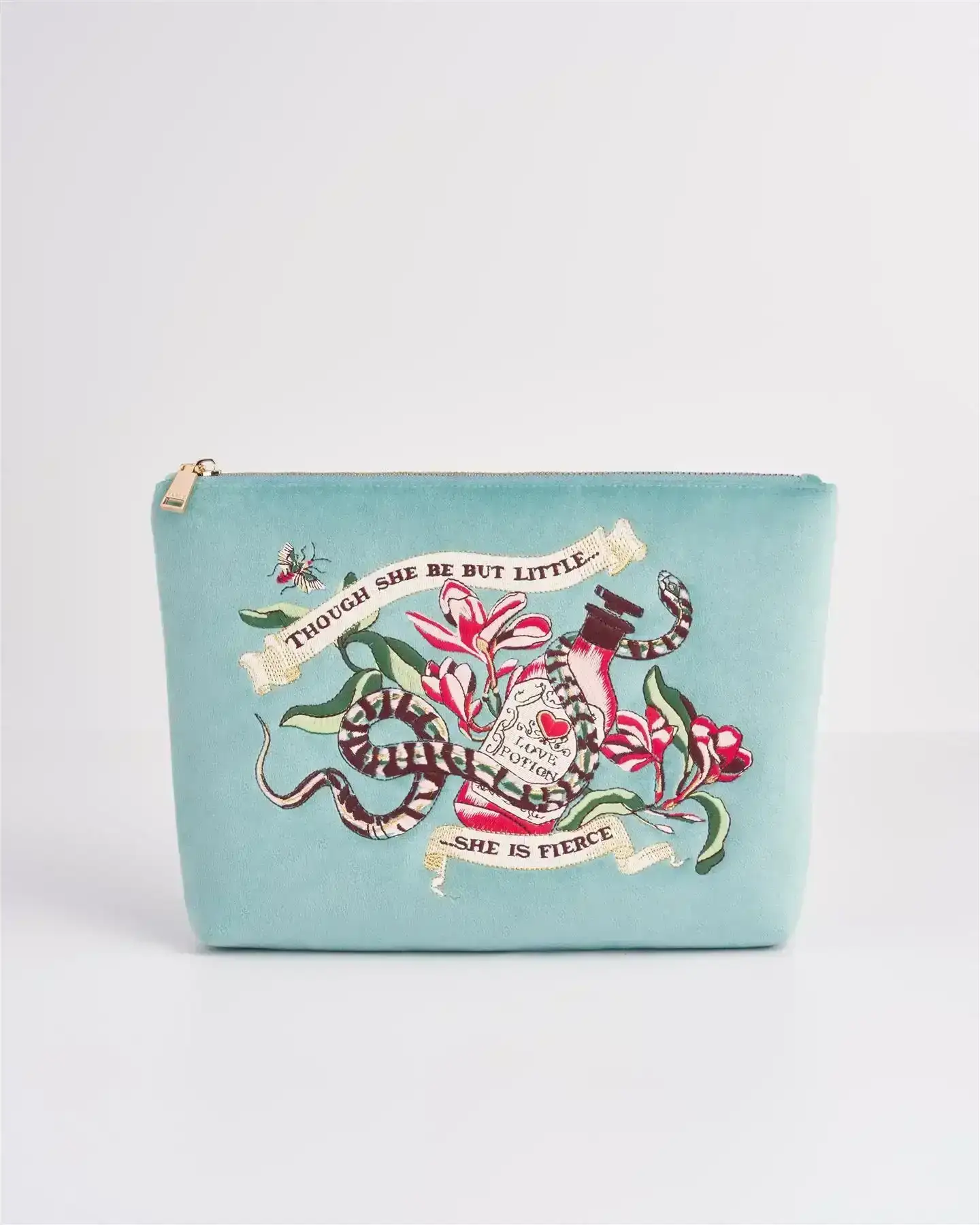 Image of Midsummer Dream Cherry Embroidered Teal Velvet Pouch