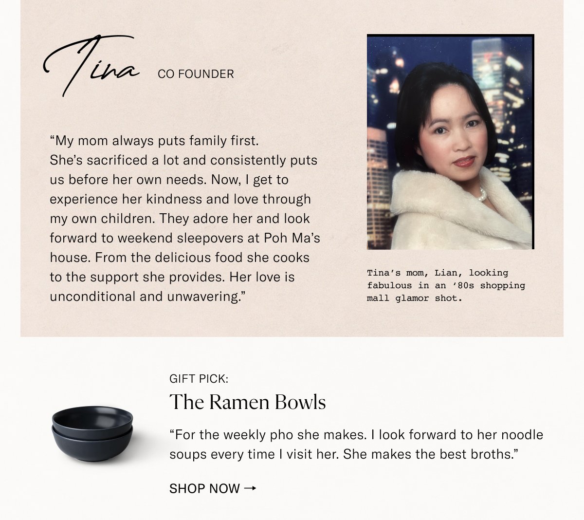 Tina: co-founder. Gift pick: The Ramen Bowls