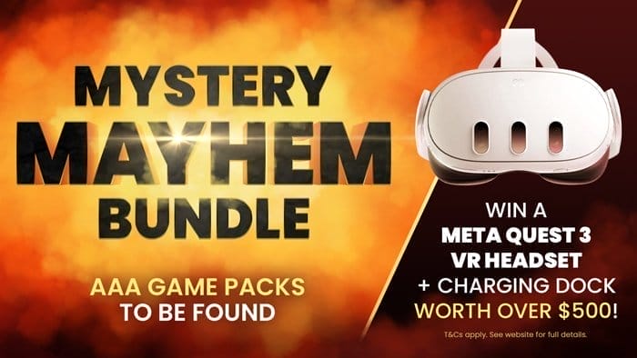 Mystery Mayhem Bundle: AAA game packs to be found! Plus, win a Meta Quest 3 VR headset and charging dock, worth over \\$500! T&Cs apply, see website for full details.