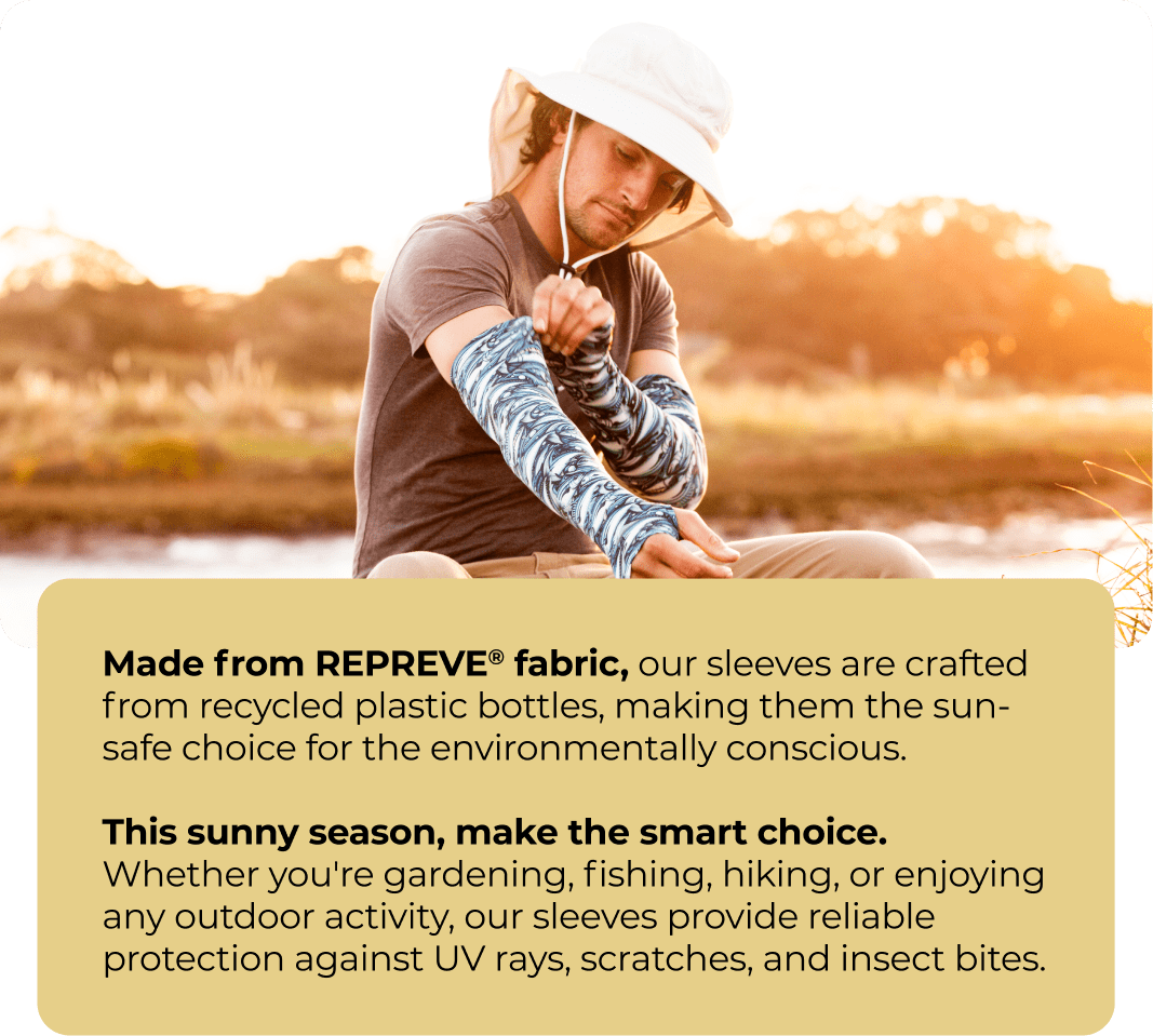 Made from REPREVE® fabric, our sleeves are crafted from recycled plastic bottles, making them the sun-safe choice for the environmentally conscious. This sunny season, make the smart choice. Whether you're gardening, fishing, hiking, or enjoying any outdoor activity, our sleeves provide reliable protection against UV rays, scratches, and insect bites.