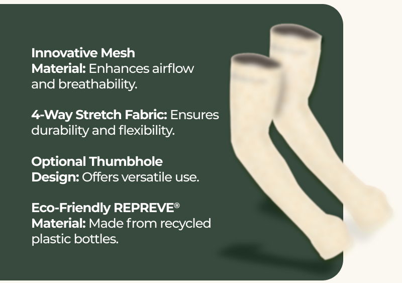 Innovative Mesh Material:\xa0Enhances airflow and breathability. 4-Way Stretch Fabric:\xa0Ensures durability and flexibility. Optional Thumbhole Design:\xa0Offers versatile use. Eco-Friendly REPREVE®️ Material:\xa0Made from recycled plastic bottles.