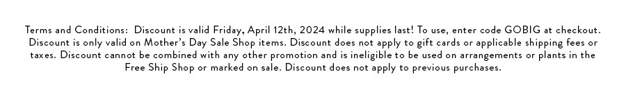 Terms and Conditions: Discount is valid Friday, April 12th, 2024 while supplies last! To use, enter code GOBIG at checkout. Discount is only valid on Mother’s Day Sale Shop items. Discount does not apply to gift cards or applicable shipping fees or taxes. Discount cannot be combined with any other promotion and is ineligible to be used on arrangements or plants in the Free Ship Shop or marked on sale. Discount does not apply to previous purchases.