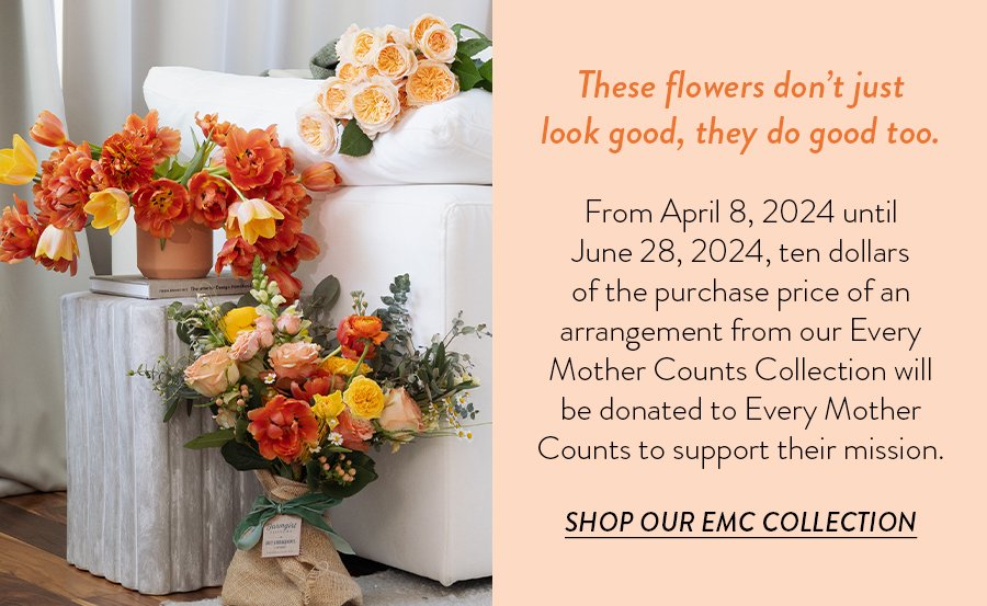 These flowers don’t just look good, they do good too. From April 8, 2024 until June 28, 2024, ten dollars of the purchase price of an arrangement from our Every Mother Counts Collection will be donated to Every Mother Counts to support their mission. SHOP OUR EMC COLLECTION