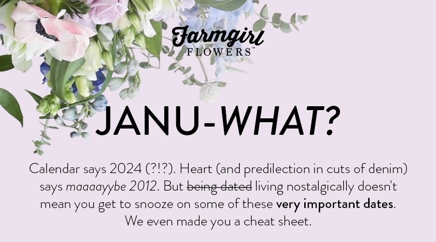 JANU-WHAT? Calendar says 2024 (?!?). Heart (and predilection in cuts of denim) says maaaayybe 2012. But being dated living nostalgically doesn't mean you get to snooze on some of these very important dates. We even made you a cheat sheet.