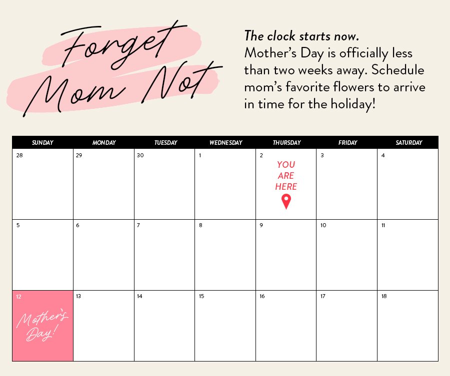 The clock starts now. Mother’s Day is officially less than two weeks away. Schedule mom’s favorite flowers to arrive in time for the holiday!