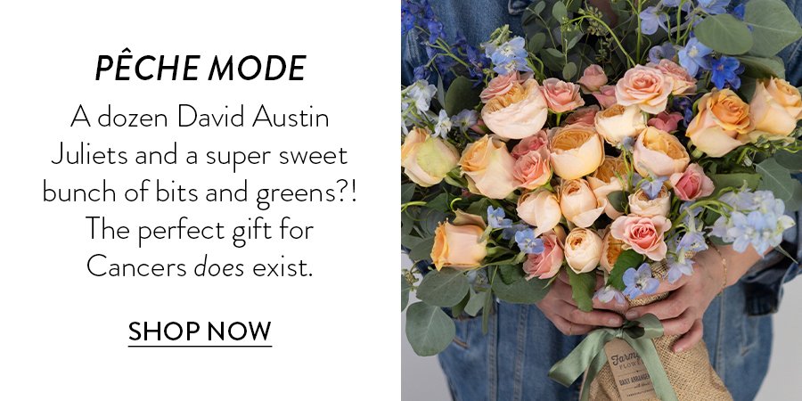 PÊCHE MODE A dozen David Austin Juliets and a super sweet bunch of bits and greens?! The perfect gift for Cancers does exist. SHOP NOW