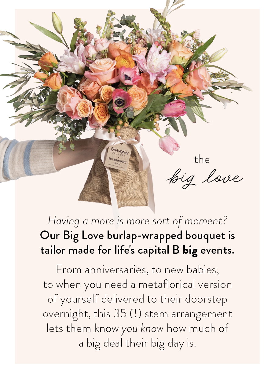 The Big Love Having a more is more sort of moment? Our Big Love burlap-wrapped bouquet is tailor made for life's capital B big events. From anniversaries, to new babies, to when you need a metaflorical version of yourself delivered to their doorstep overnight, this 35 (!) stem arrangement lets them know you know how much of a big deal their big day is.