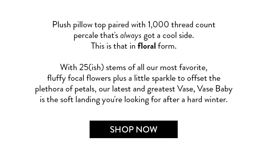 Plush pillow top paired with 1,000 thread count percale that's always got a cool side. This is that in floral form. With 25(ish) stems of all our most favorite, fluffy focal flowers plus a little sparkle to offset the plethora of petals, our latest and greatest Vase, Vase Baby is the soft landing you're looking for after a hard winter. 