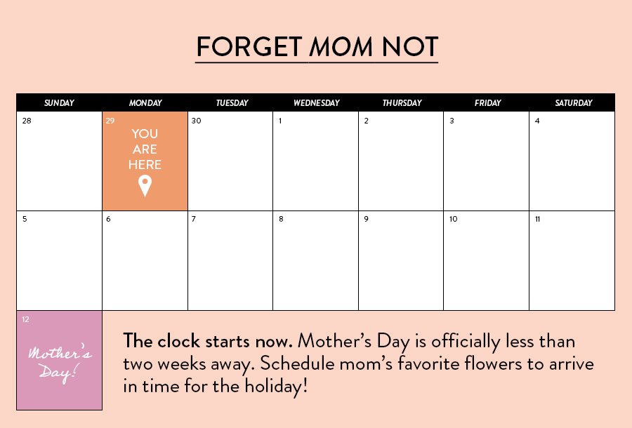 FORGET MOM NOT The clock starts now. Mother’s Day is officially less than two weeks away. Schedule mom’s favorite flowers to arrive in time for the holiday!