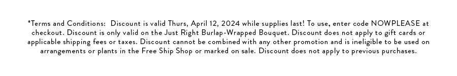 *Terms and Conditions: Discount is valid Thurs, April 12, 2024 while supplies last! To use, enter code NOWPLEASE at checkout. Discount is only valid on the Just Right Burlap-Wrapped Bouquet. Discount does not apply to gift cards or applicable shipping fees or taxes. Discount cannot be combined with any other promotion and is ineligible to be used on arrangements or plants in the Free Ship Shop or marked on sale. Discount does not apply to previous purchases.