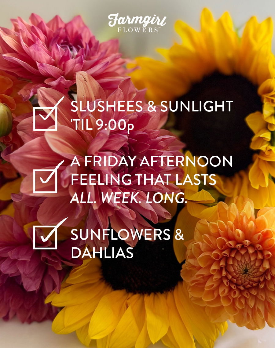 Slushees and sunlight 'til 9:00p. A Friday afternoon feeling that lasts all. week. long. Sunflowers and dahlias. 