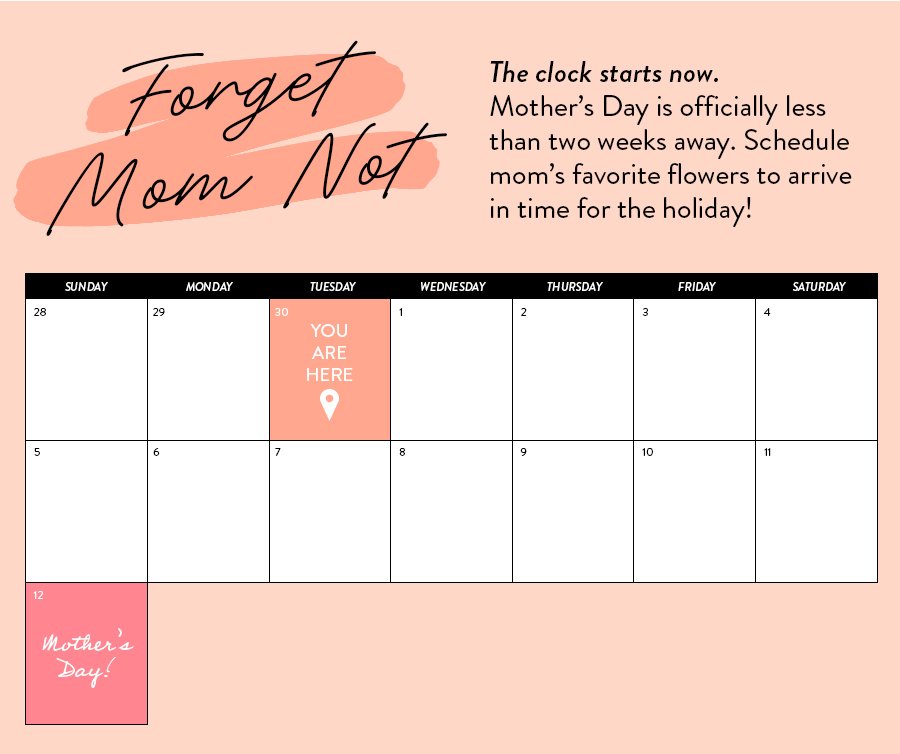 The clock starts now. Mother’s Day is officially less than two weeks away. Schedule mom’s favorite flowers to arrive in time for the holiday!