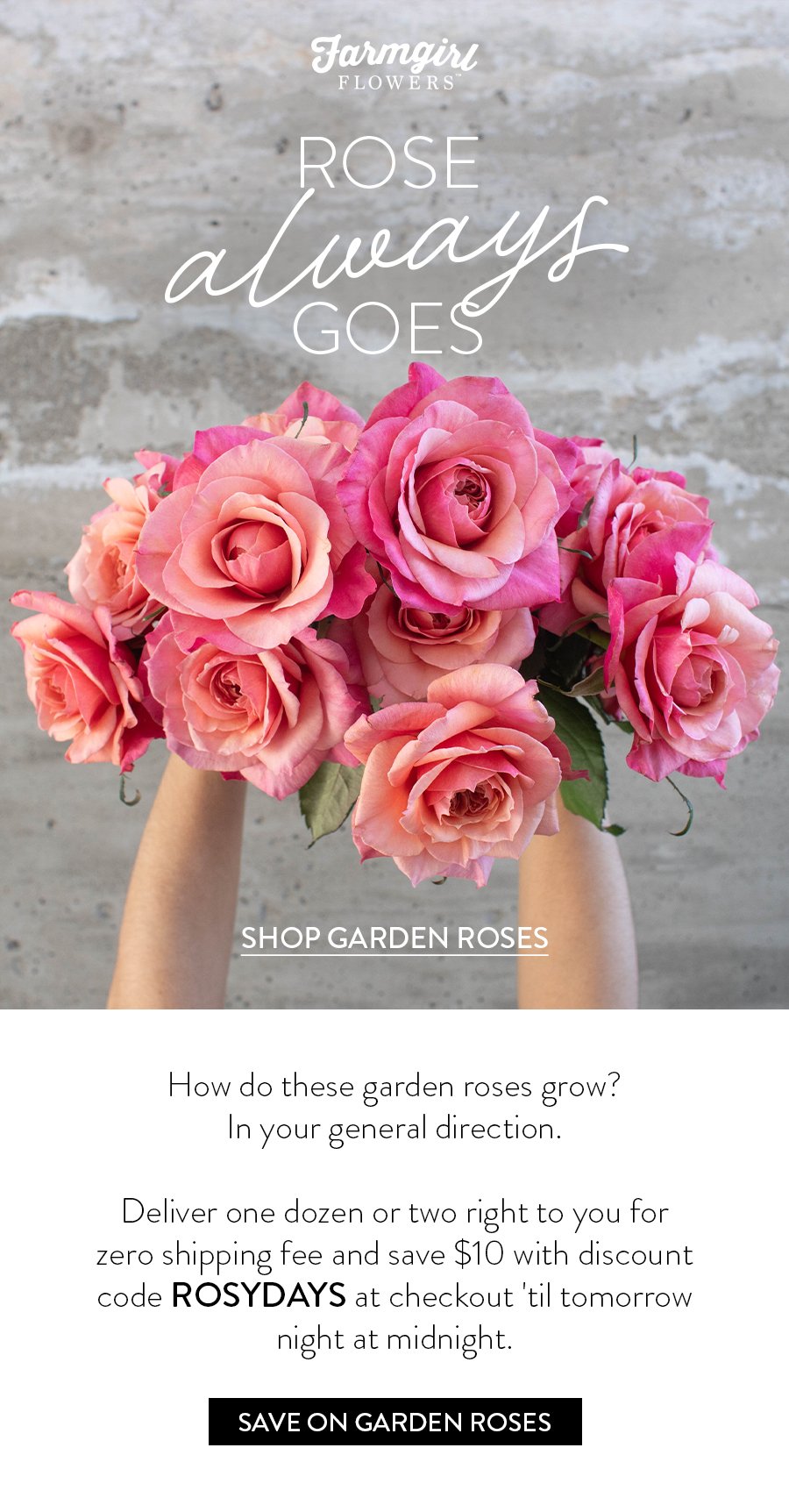 How do these garden roses grow? In your general direction. Deliver one dozen or two right to you for zero shipping fee and save \\$10 with discount code ROSYDAYS at checkout 'til tomorrow night at midnight.