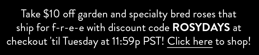 Take \\$10 off garden and specialty bred roses that ship for f-r-e-e with discount code ROSYDAYS at checkout 'til Tuesday at 11:59p PST! Click here to shop!