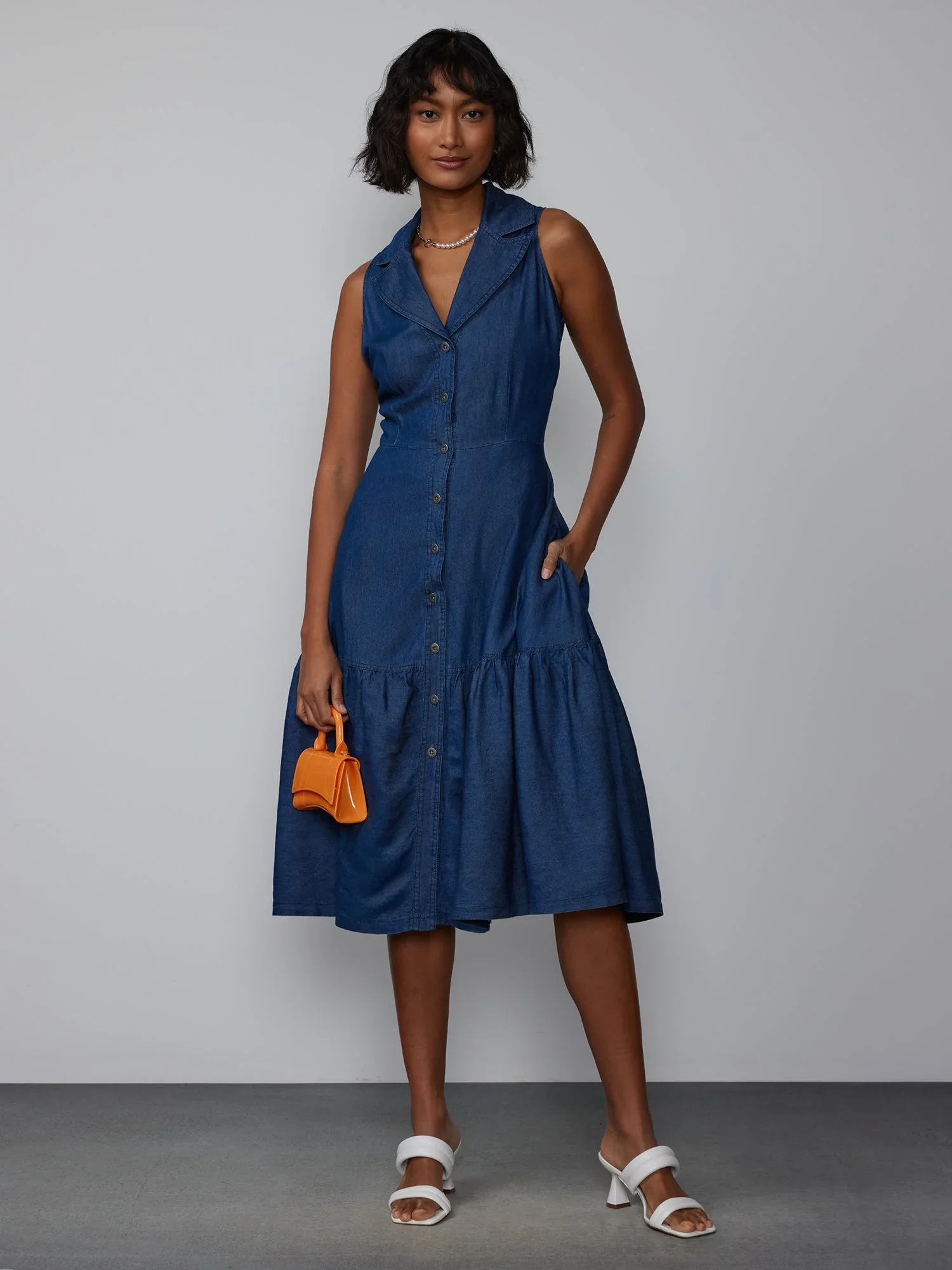 Sleeveless Chambray Collared Midi Dress