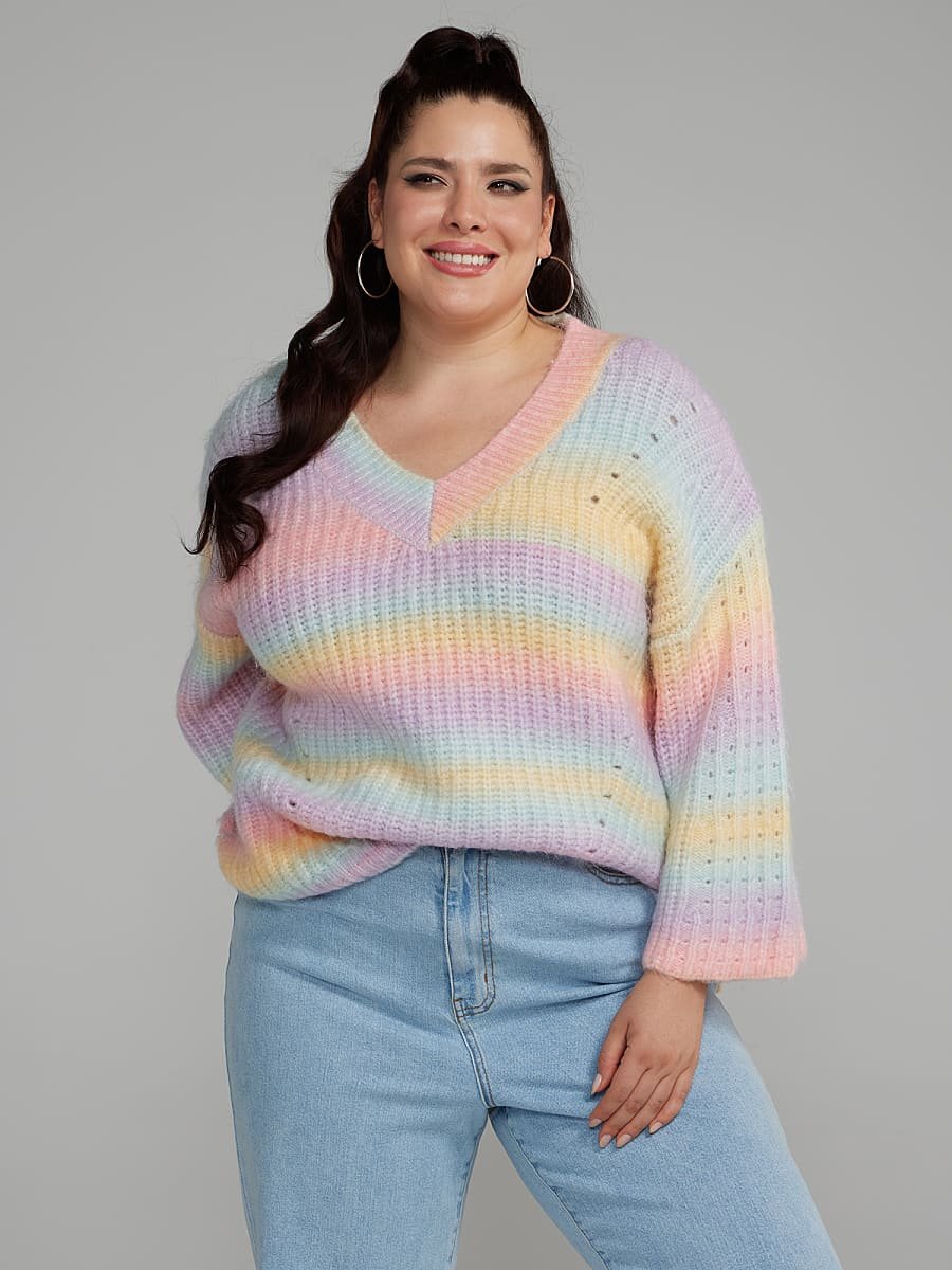 Image of V-Neck Multicolor Striped Sweater