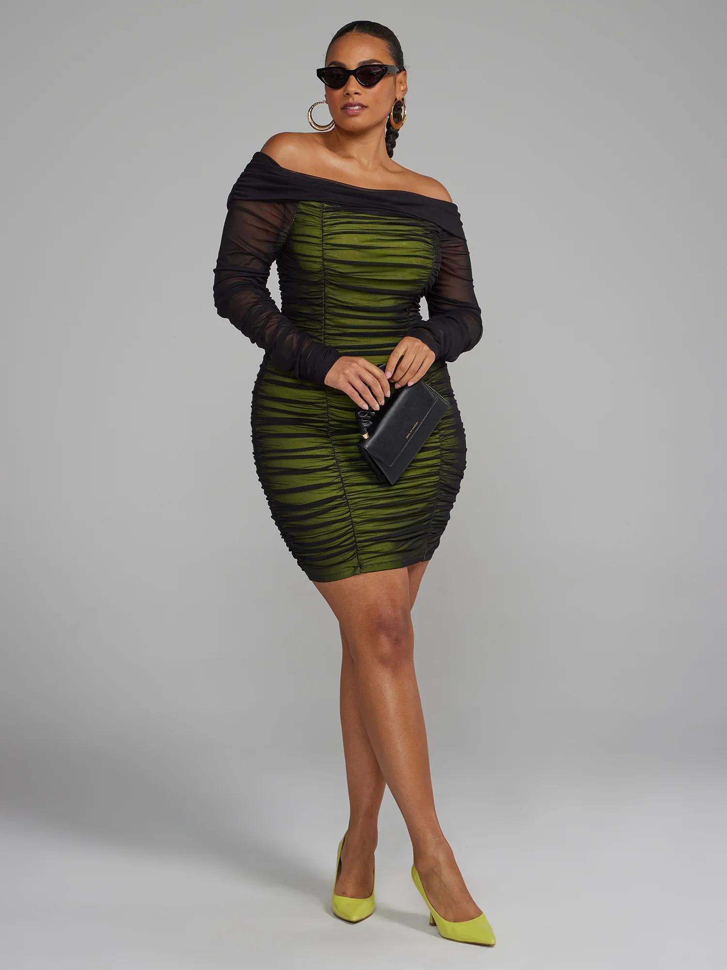 Image of Off-The-Shoulder Ruched Mesh Dress