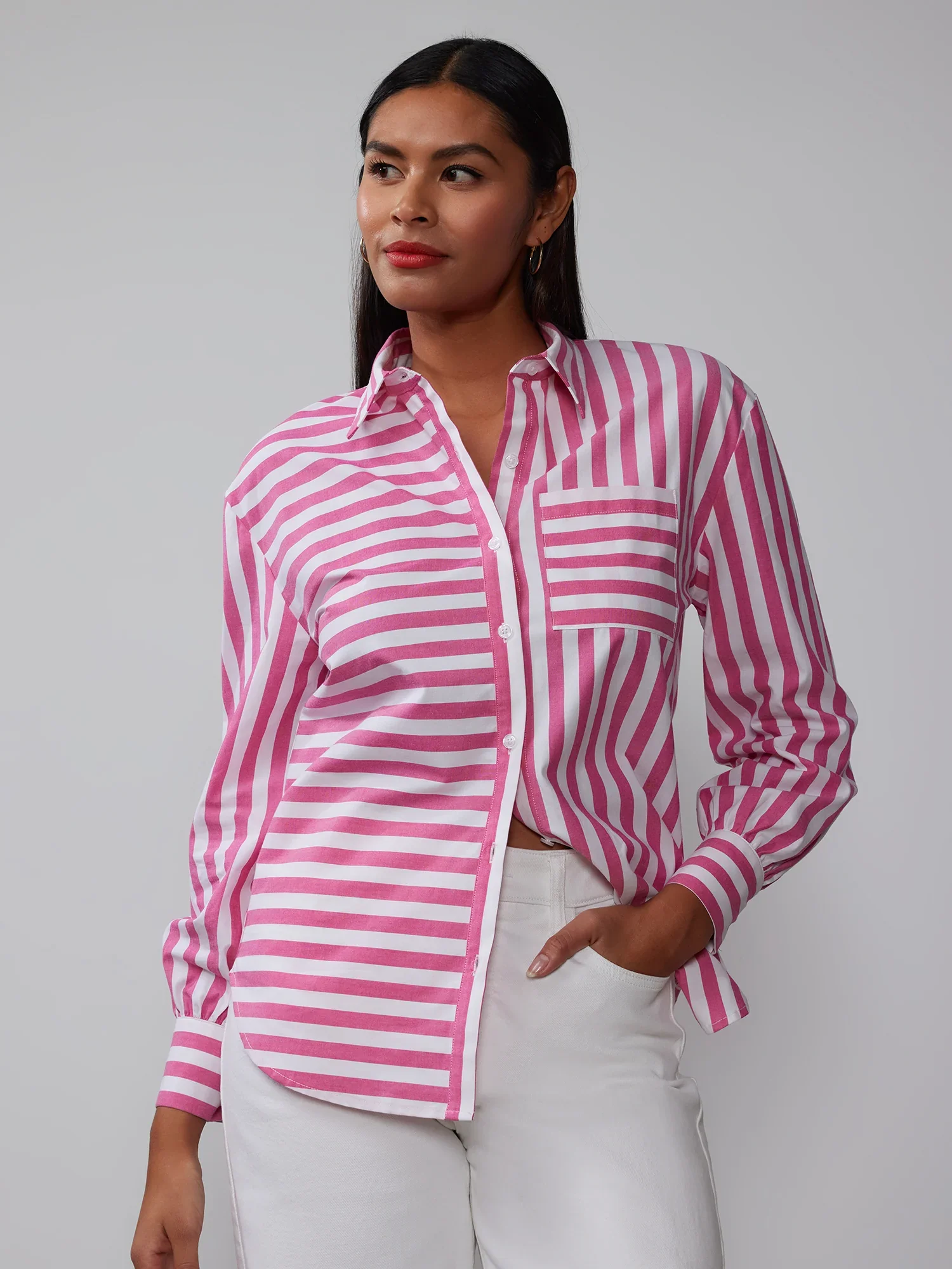 Mixed Stripe Balloon Sleeve Button Down Shirt