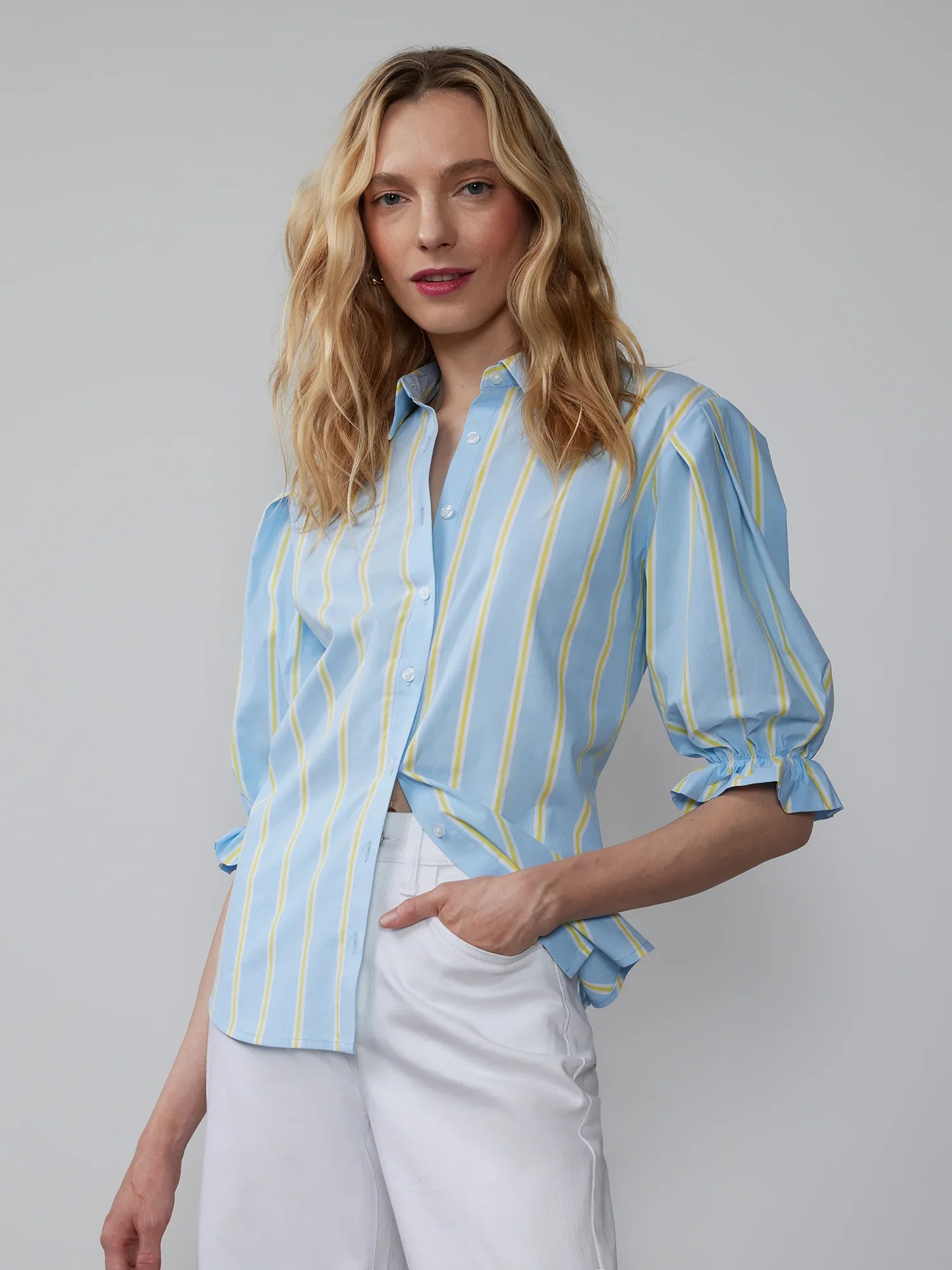 Puff Sleeve Striped Button Down Shirt