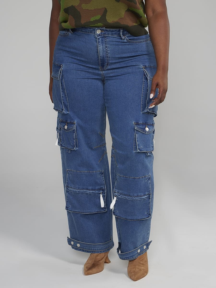 Image of High Rise Straight Leg Denim Cargo Jeans - Short Inseam