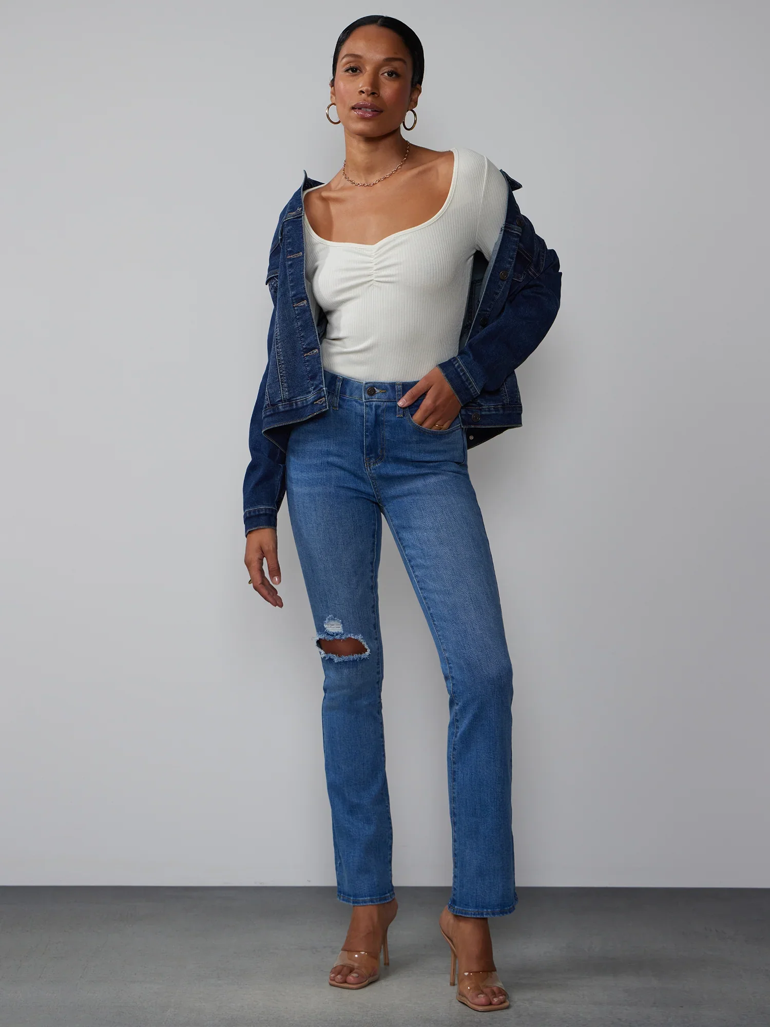 Image of High Rise Ripped Knee Bootcut Jeans