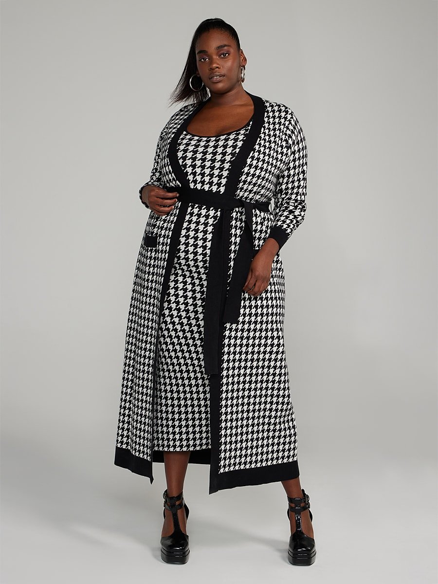 Image of Belted Houndstooth Long Cardigan
