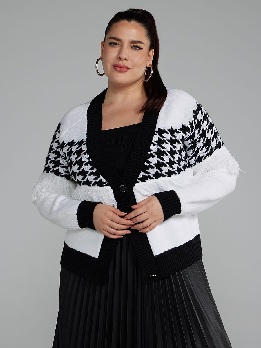 Image of Houndstooth Fringe Detail Cardigan