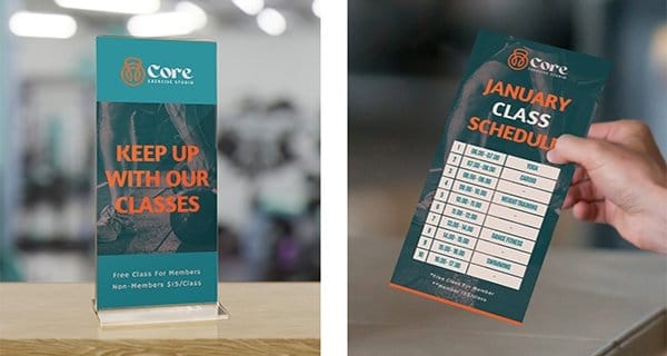 Two-sided rack cards inform gym-goers of class schedules.