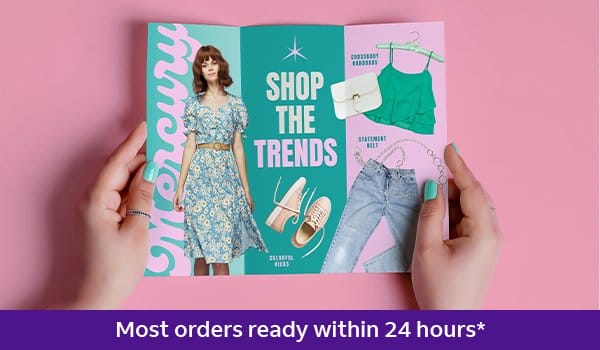 A tri-fold brochure reads “SHOP THE TRENDS.”