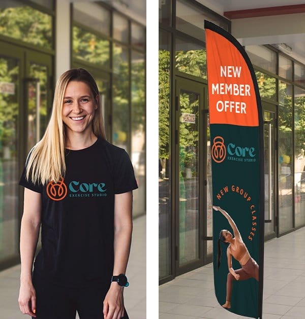 A Core Exercise Studio employee smiles while wearing a branded promotional product t-shirt. A green and orange flutter flag advertises a “NEW MEMBER OFFER.”