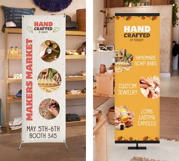 On the left, a banner with a white textured-effect background image promotes, a MAKERS MARKET. And on the right, a yellow branded banner with images and words advertises products.